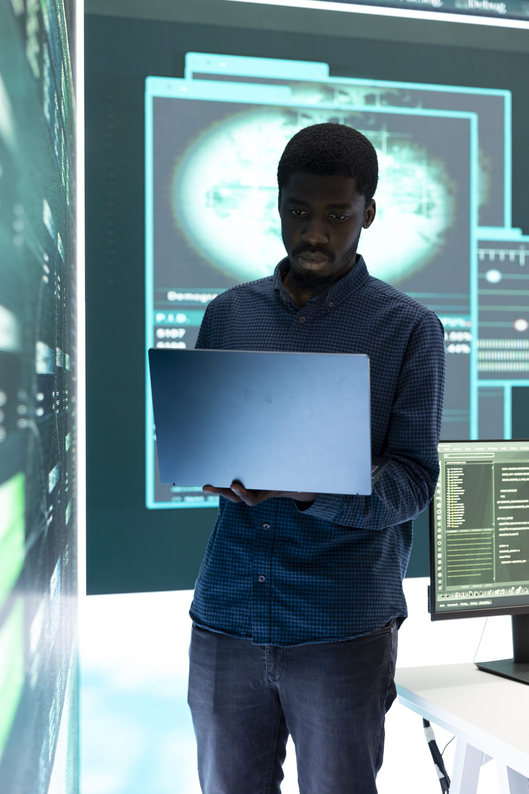 Governmental hacker exploiting server systems in high tech operations center